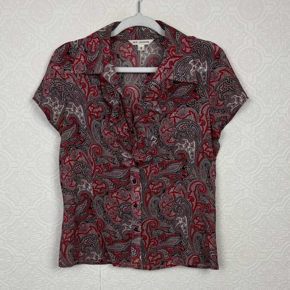 St. John 100% Silk Red Black Paisley Button Front Blouse Size 8 Career Office